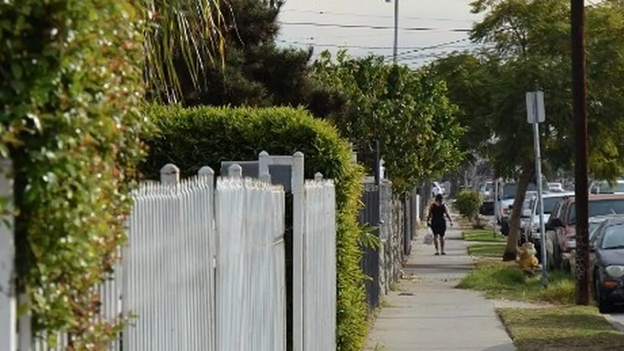 Close up on a plate of mashed potatoes, topped with baked pork chops with cream of mushroom soup, and a side of green beans.